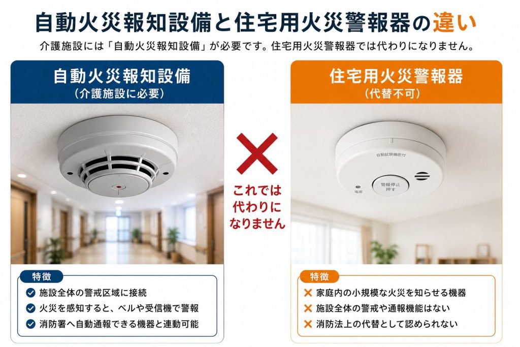 動火災報知設備（業務用）と住宅用火災警報器の違いを示す比較図。介護施設には業務用が必要