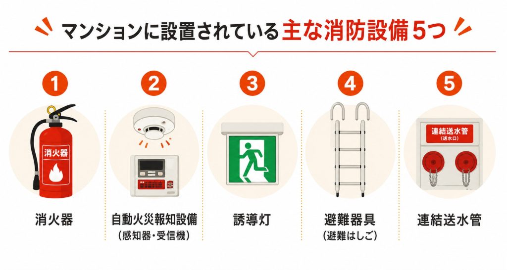 マンションに設置される主な消防設備の一覧図。消火器・自動火災報知設備・誘導灯・避難器具・連結送水管