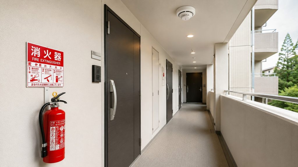 マンション共用廊下に設置された消火器と火災感知器の写真