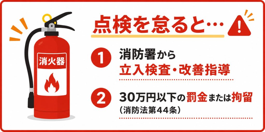 消防点検を怠った場合の罰則と火災リスクを示す注意喚起イメージ